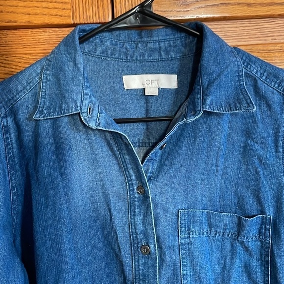 LOFT Denim Shirt Dress Tiered Blue with Pocket Linen Blend Flowy - Picture 4 of 9